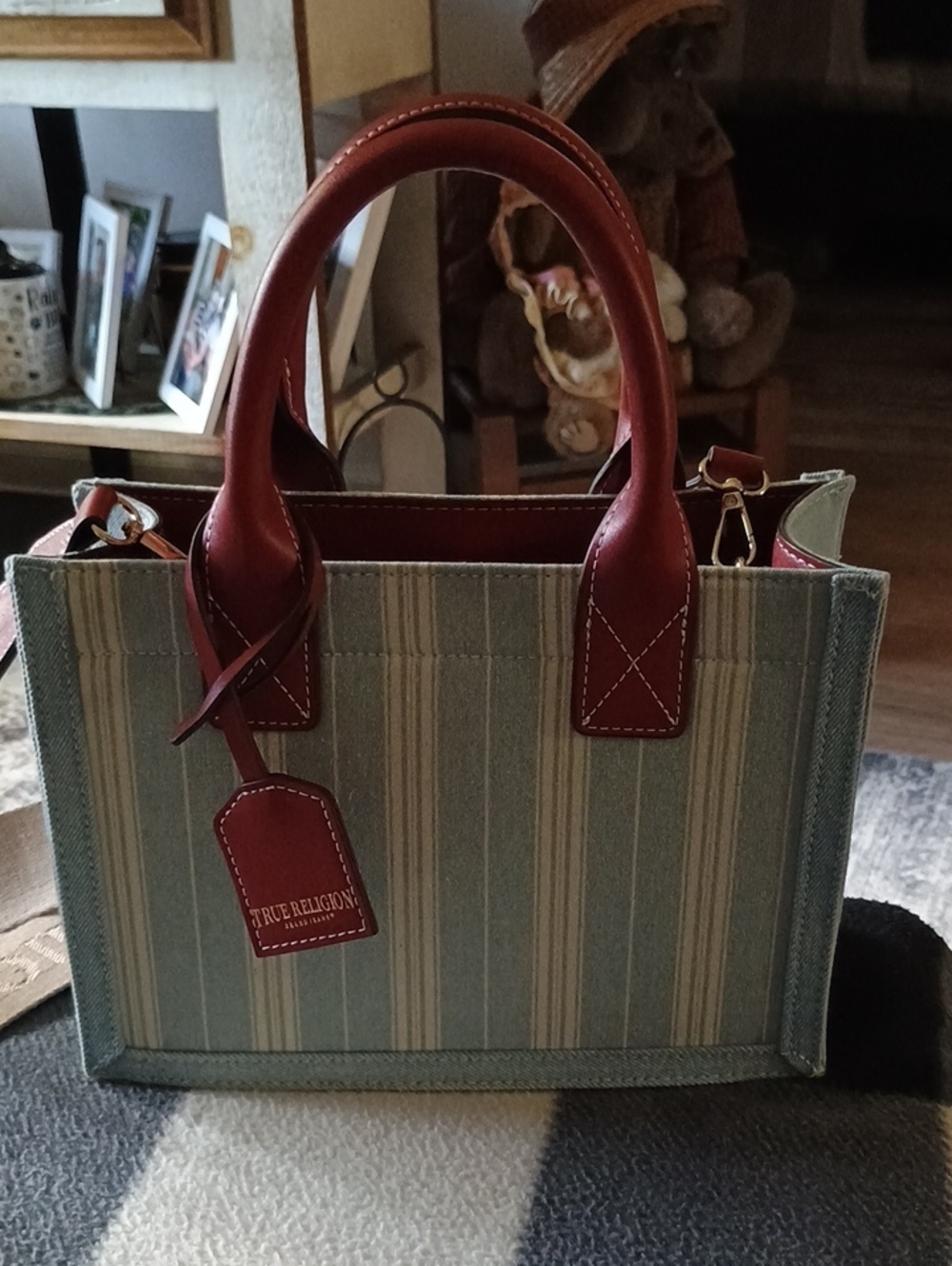 NWT True Religion Women's Stripe Tote Bag in Light Blue and Red - Picture 7 of 12